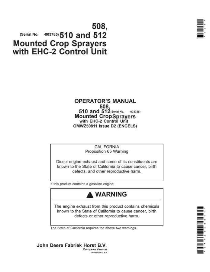 John Deere 508; 510; 512 (EHC-2 Control Unit) Crop sprayer Operator manual OMWZ50811 — actual manual cover