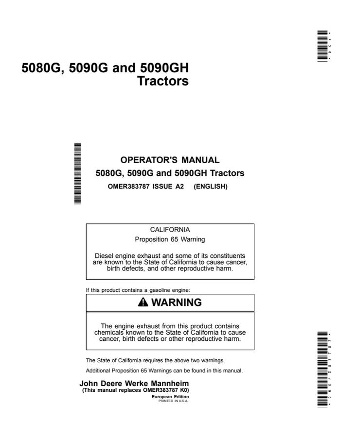 John Deere 5080G; 5090G; 5090GH Tractor Operator manual OMER383787 — actual manual cover
