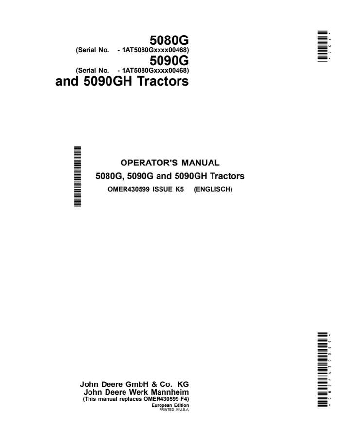 John Deere 5080G; 5090G; 5090GH Tractor Operator manual OMER430599 — actual manual cover