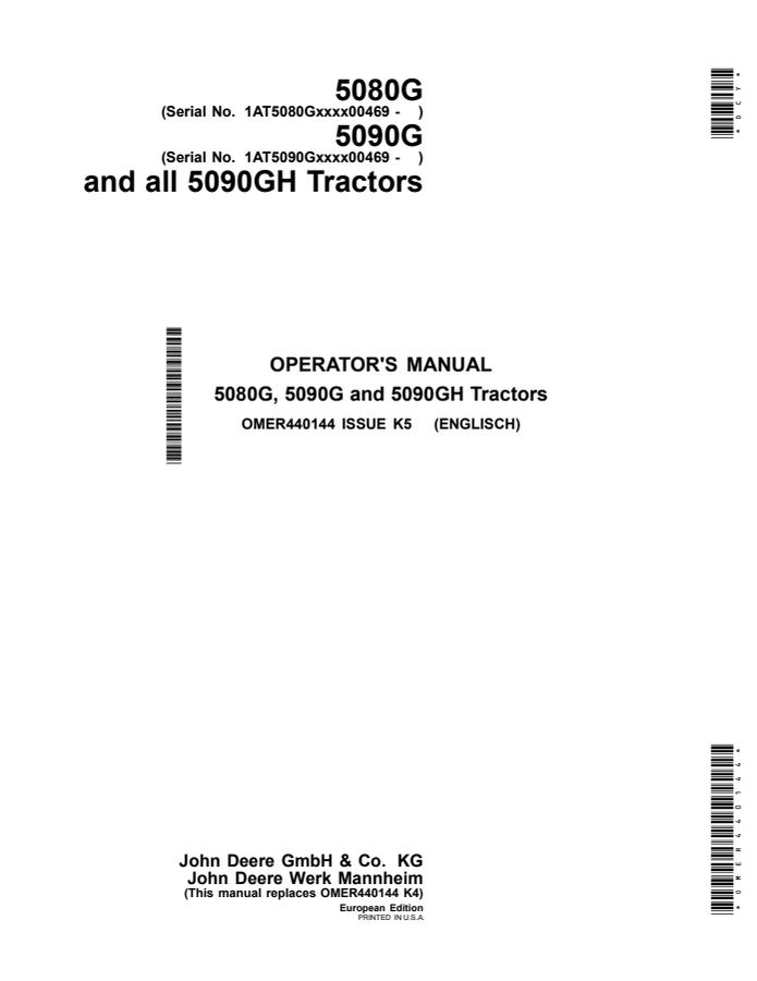 John Deere 5080G; 5090G; 5090GH Tractor Operator manual OMER440144 — actual manual cover