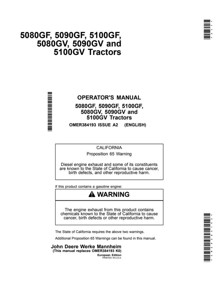 John Deere 5080GF; 5090GF; 5100GF; 5080GV; 5090GV; 5100GV Tractor Operator manual OMER384193 — actual manual cover