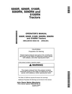 John Deere 5080R; 5090R; 5100R; 5080RN; 5090RN; 5100RN Tractor Operator manual OMAL200158 — actual manual cover