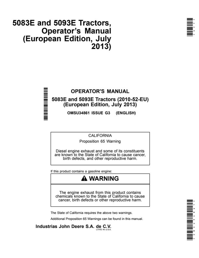 John Deere 5083E; 5093E (2010-52-EU) Tractor Operator manual OMSU34861 — actual manual cover