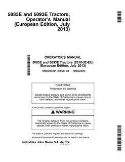 John Deere 5083E; 5093E (2010-52-EU) Tractor Operator manual OMSU34861 — actual manual cover