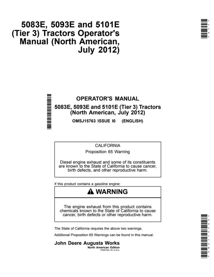 John Deere 5083E; 5093E; 5101E (Tier 3) Tractor Operator manual OMSJ15763 — actual manual cover