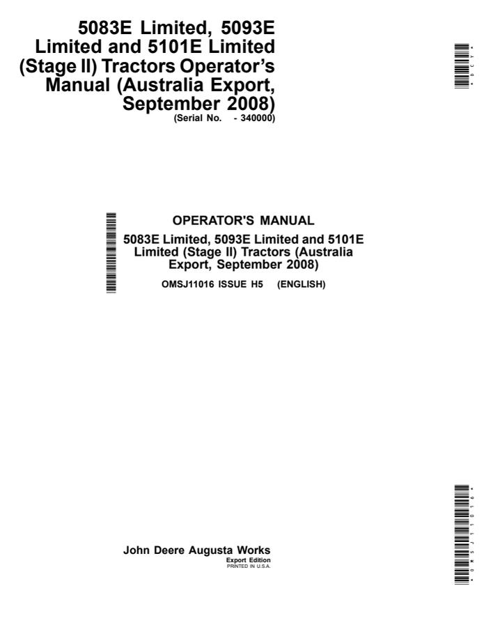 John Deere 5083E Limited; 5093E Limited; 5101E Limited (Stage II) Tractor Operator manual OMSJ11016 — actual manual cover