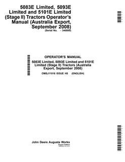John Deere 5083E Limited; 5093E Limited; 5101E Limited (Stage II) Tractor Operator manual OMSJ11016 — actual manual cover