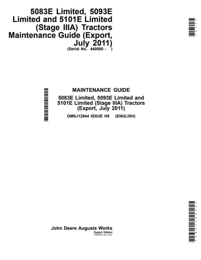 John Deere 5083E Limited; 5093E Limited; 5101E Limited (Stage IIIA) Tractor Maintenance guide OMSJ12944 — actual manual cover