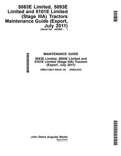 John Deere 5083E Limited; 5093E Limited; 5101E Limited (Stage IIIA) Tractor Maintenance guide OMSJ12944 — actual manual cover