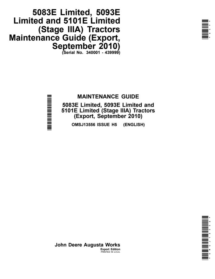 John Deere 5083E Limited, 5093E Limited, 5101E Limited (Stage IIIA) Tractor Maintenance guide OMSJ13556 — actual manual cover
