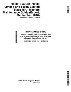 John Deere 5083E Limited, 5093E Limited, 5101E Limited (Stage IIIA) Tractor Maintenance guide OMSJ13556 — actual manual cover