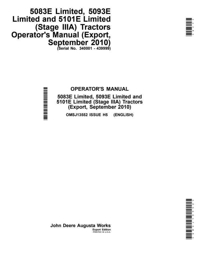 John Deere 5083E Limited; 5093E Limited; 5101E Limited (Stage IIIA) Tractor Operator manual OMSJ13552 — actual manual cover
