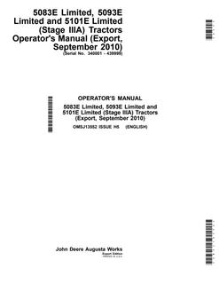 John Deere 5083E Limited; 5093E Limited; 5101E Limited (Stage IIIA) Tractor Operator manual OMSJ13552 — actual manual cover