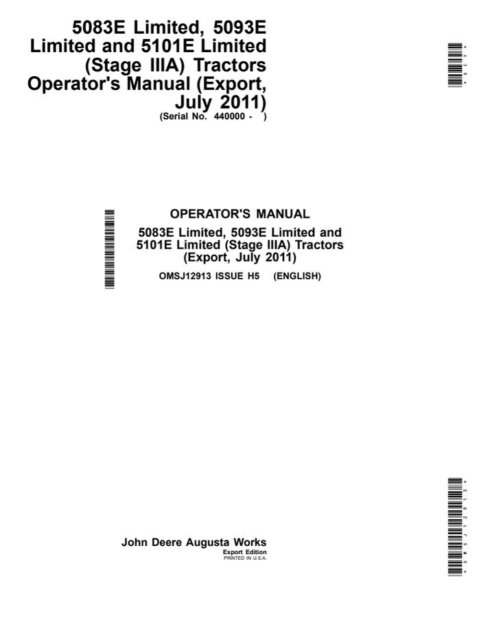 John Deere 5083E Limited, 5093E Limited, 5101E Limited (Stage IIIA) Tractor Operator's manual OMSJ12913 — actual manual cover