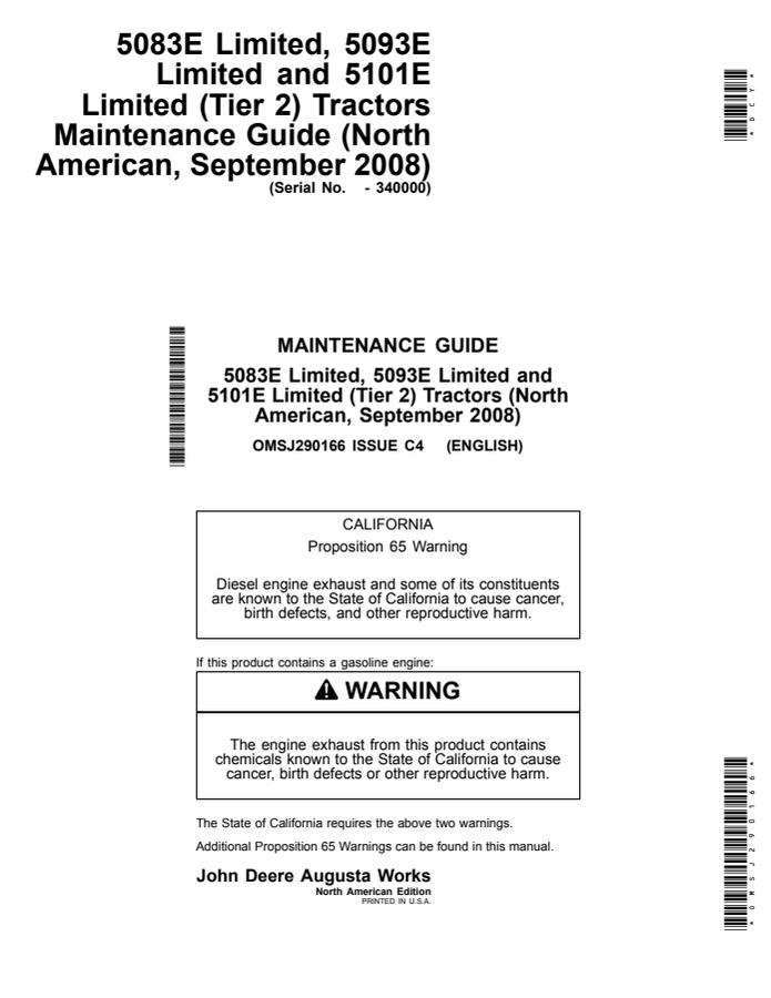 John Deere 5083E Limited, 5093E Limited, 5101E Limited (Tier 2) Tractor Maintenance guide OMSJ290166 — actual manual cover