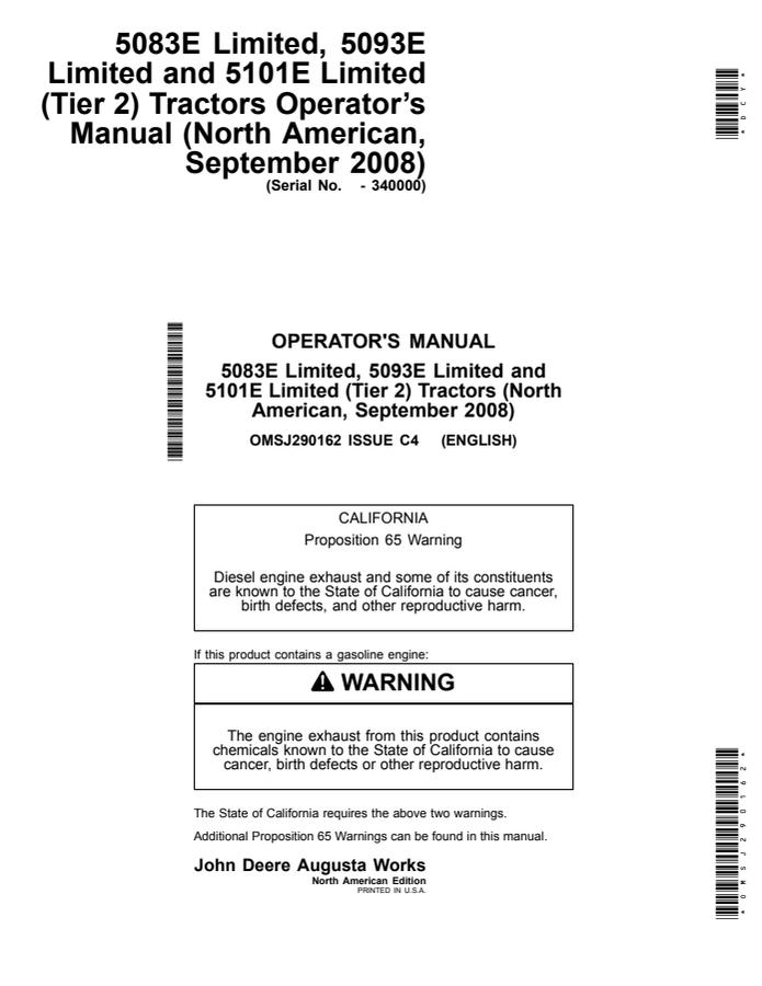 John Deere 5083E Limited; 5093E Limited; 5101E Limited (Tier 2) Tractor Operator manual OMSJ290162 — actual manual cover