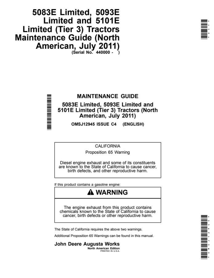 John Deere 5083E Limited; 5093E Limited; 5101E Limited (Tier 3) Tractor Maintenance guide OMSJ12945 — actual manual cover