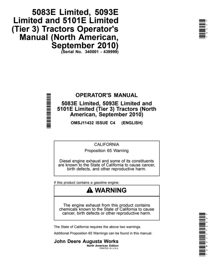 John Deere 5083E Limited; 5093E Limited; 5101E Limited (Tier 3) Tractor Operator manual OMSJ11432 — actual manual cover