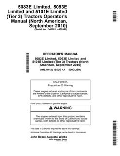 John Deere 5083E Limited; 5093E Limited; 5101E Limited (Tier 3) Tractor Operator manual OMSJ11432 — actual manual cover