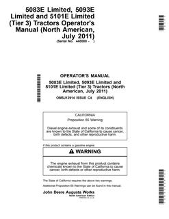 John Deere 5083E Limited; 5093E Limited; 5101E Limited (Tier 3) Tractor Operator manual OMSJ12914 — actual manual cover