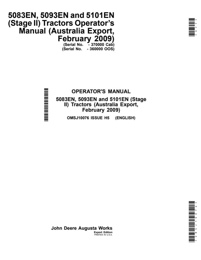 John Deere 5083EN; 5093EN; 5101EN (Stage II) Tractor Operator manual OMSJ10076 — actual manual cover