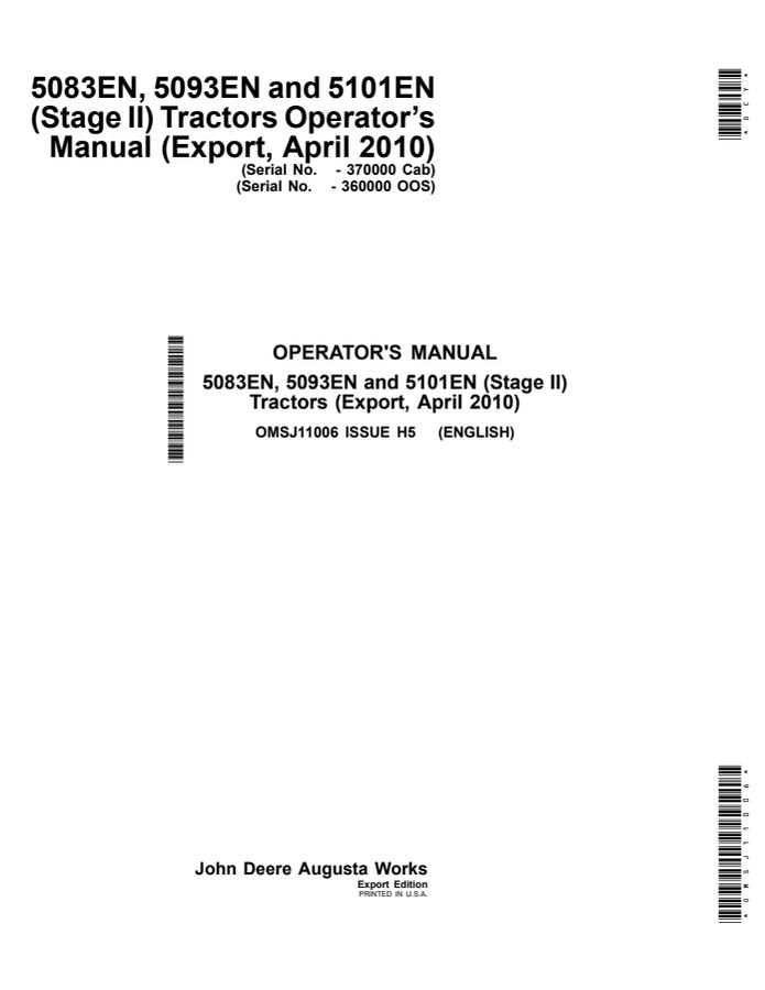 John Deere 5083EN; 5093EN; 5101EN (Stage II) Tractor Operator manual OMSJ11006 — actual manual cover