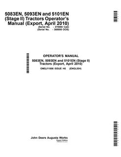 John Deere 5083EN; 5093EN; 5101EN (Stage II) Tractor Operator manual OMSJ11006 — actual manual cover
