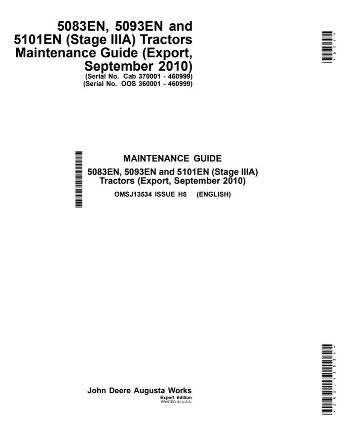 John Deere 5083EN; 5093EN; 5101EN (Stage IIIA) Tractor Maintenance guide OMSJ13534 — actual manual cover