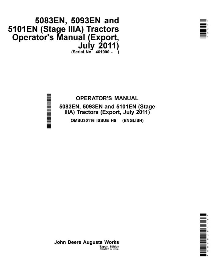 John Deere 5083EN; 5093EN; 5101EN (Stage IIIA) Tractor Operator manual OMSU30116 — actual manual cover