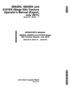 John Deere 5083EN; 5093EN; 5101EN (Stage IIIA) Tractor Operator manual OMSU30116 — actual manual cover