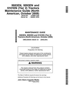 John Deere 5083EN; 5093EN; 5101EN (Tier 2) Tractor Maintenance guide OMSJ294044 — actual manual cover
