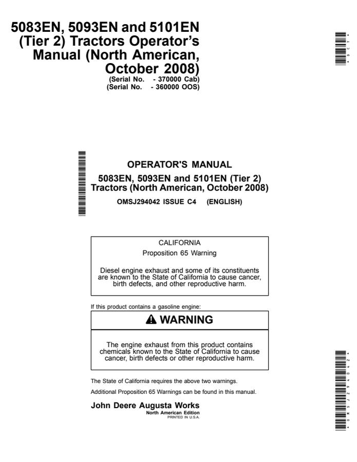 John Deere 5083EN; 5093EN; 5101EN (Tier 2) Tractor Operator manual OMSJ294042 — actual manual cover