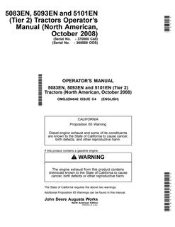 John Deere 5083EN; 5093EN; 5101EN (Tier 2) Tractor Operator manual OMSJ294042 — actual manual cover