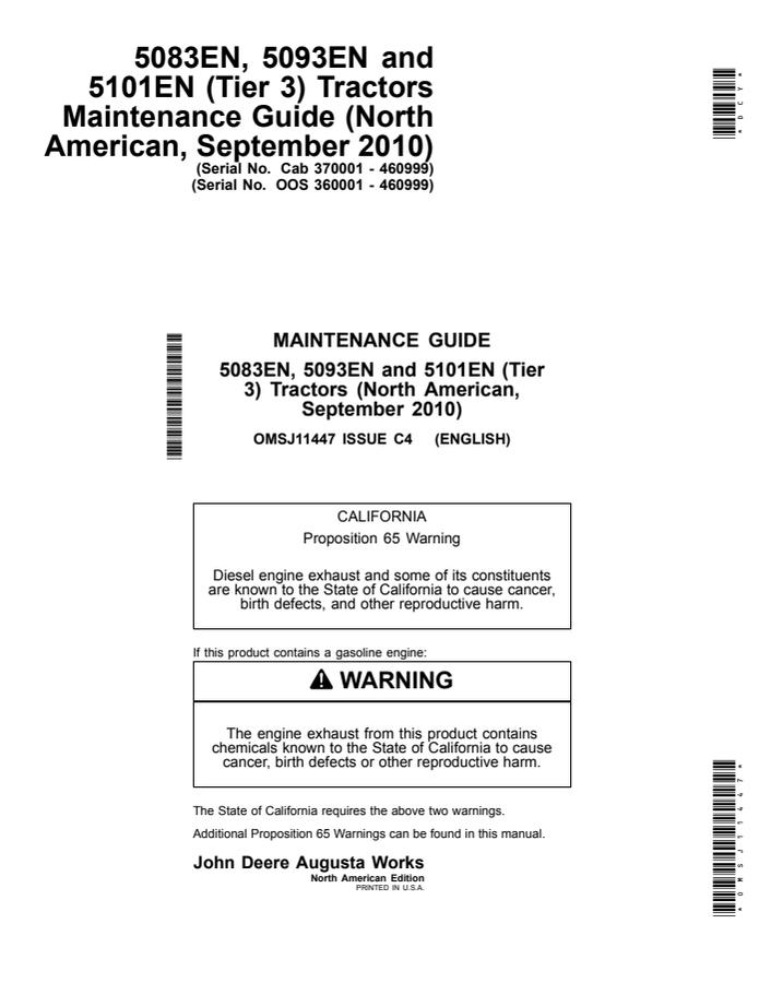 John Deere 5083EN, 5093EN, 5101EN (Tier 3) Tractor Maintenance guide OMSJ11447 — actual manual cover