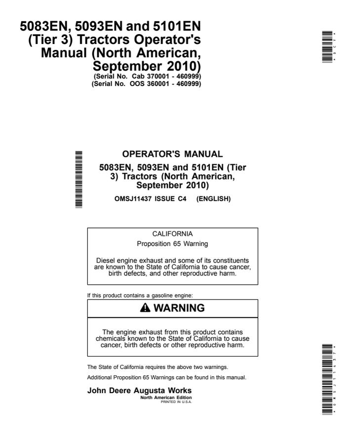 John Deere 5083EN; 5093EN; 5101EN (Tier 3) Tractor Operator manual OMSJ11437 — actual manual cover