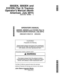 John Deere 5083EN; 5093EN; 5101EN (Tier 3) Tractor Operator manual OMSU36372 — actual manual cover