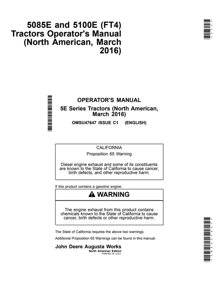 John Deere 5085E; 5100E (FT4) Tractor Operator manual OMSU47647 — actual manual cover