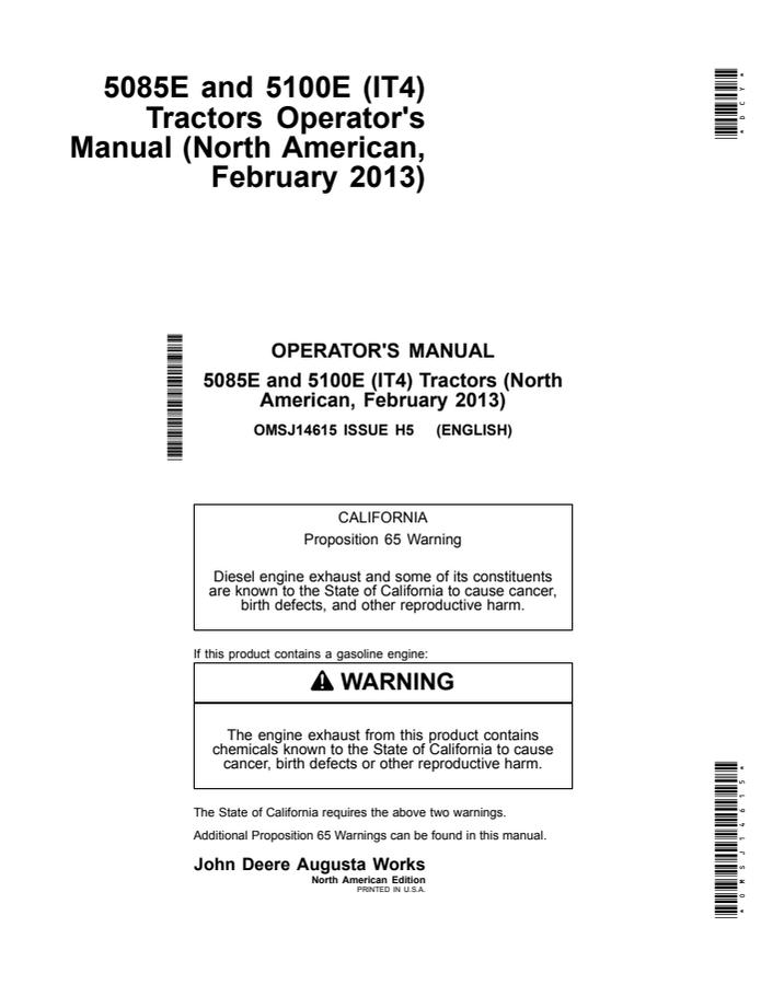 John Deere 5085E; 5100E (IT4) Tractor Operator manual OMSJ14615 — actual manual cover