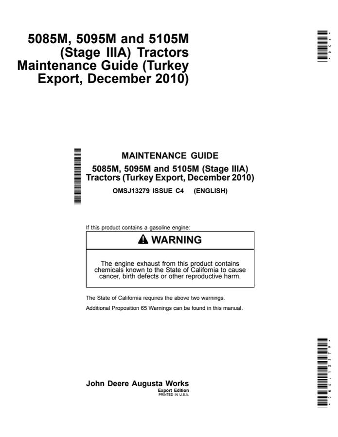 John Deere 5085M; 5095M; 5105M (Stage IIIA) Tractor Maintenance guide OMSJ13279 — actual manual cover