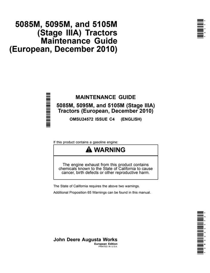 John Deere 5085M; 5095M; 5105M (Stage IIIA) Tractor Maintenance guide OMSU24572 — actual manual cover