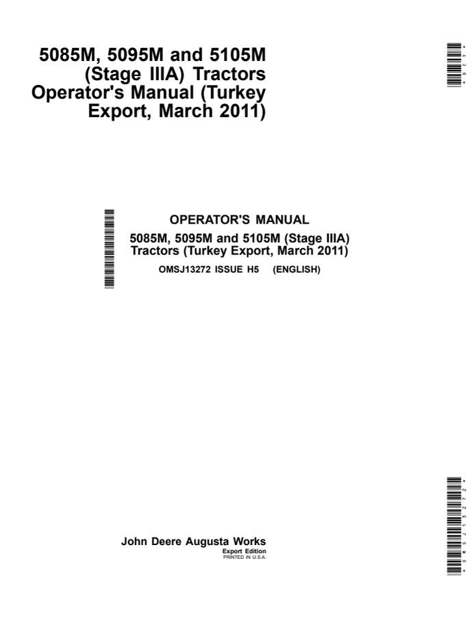 John Deere 5085M; 5095M; 5105M Tractor Operator manual OMSJ13272 — actual manual cover
