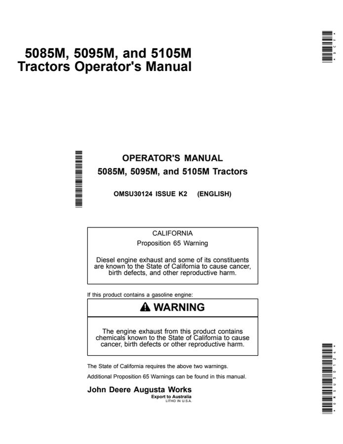 John Deere 5085M; 5095M; 5105M Tractor Operator manual OMSU30124 — actual manual cover