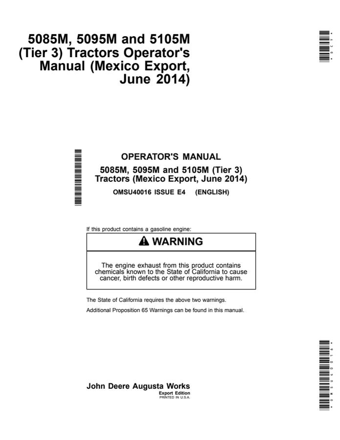 John Deere 5085M; 5095M; 5105M Tractor Operator manual OMSU40016 — actual manual cover