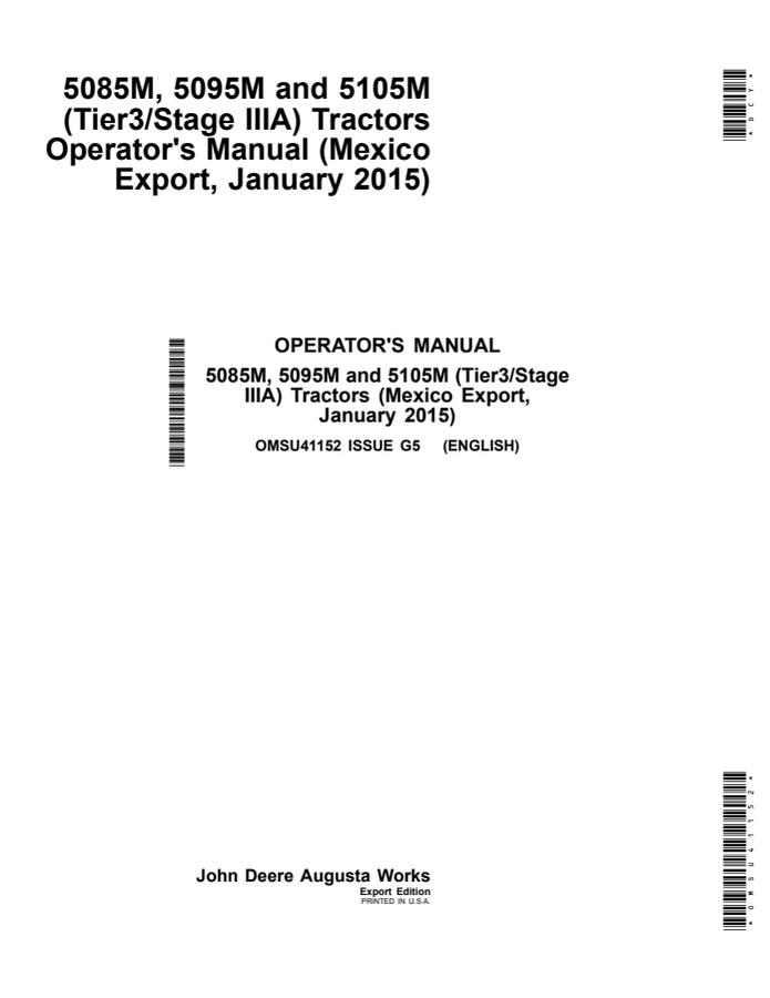John Deere 5085M; 5095M; 5105M Tractor Operator manual OMSU41152 — actual manual cover