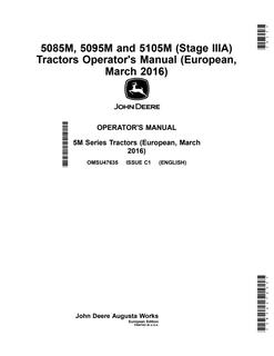 John Deere 5085M; 5095M; 5105M Tractor Operator manual OMSU47635 — actual manual cover