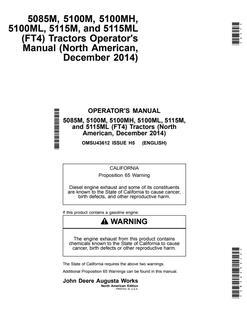 John Deere 5085M; 5100M; 5100MH; 5100ML; 5115M; 5115ML (FT4) Tractor Operator manual OMSU43612 — actual manual cover