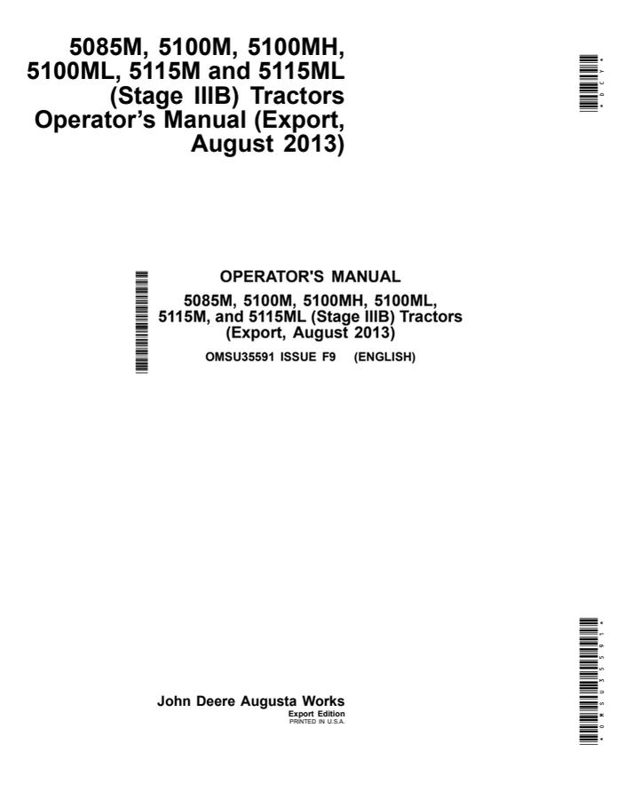 John Deere 5085M; 5100M; 5100MH; 5100ML; 5115M; 5115ML (Stage IIIB) Tractor Operator manual OMSU35591 — actual manual cover