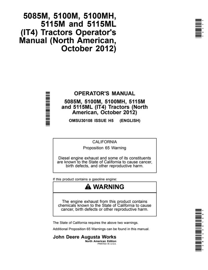 John Deere 5085M; 5100M; 5100MH; 5115M; 5115ML (IT4) Tractor Operator manual OMSU30108 — actual manual cover