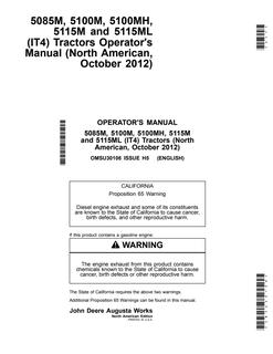 John Deere 5085M; 5100M; 5100MH; 5115M; 5115ML (IT4) Tractor Operator manual OMSU30108 — actual manual cover