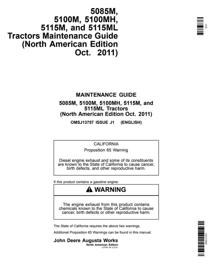 John Deere 5085M; 5100M; 5100MH; 5115M; 5115ML Tractor Maintenance guide OMSJ13757 — actual manual cover